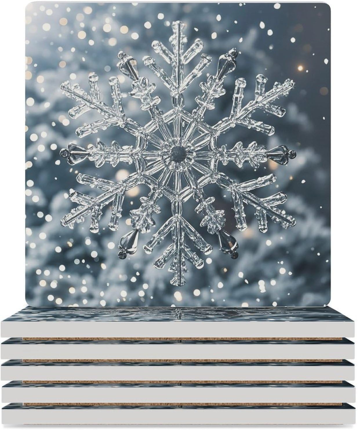 Transparent Snowflake Coasters Absorbent Ceramic Coasters for Drinks Coaster with Cork Backing for Table Protection Square Drink Cup Mat Modern Style Coaster for Coffee Table
