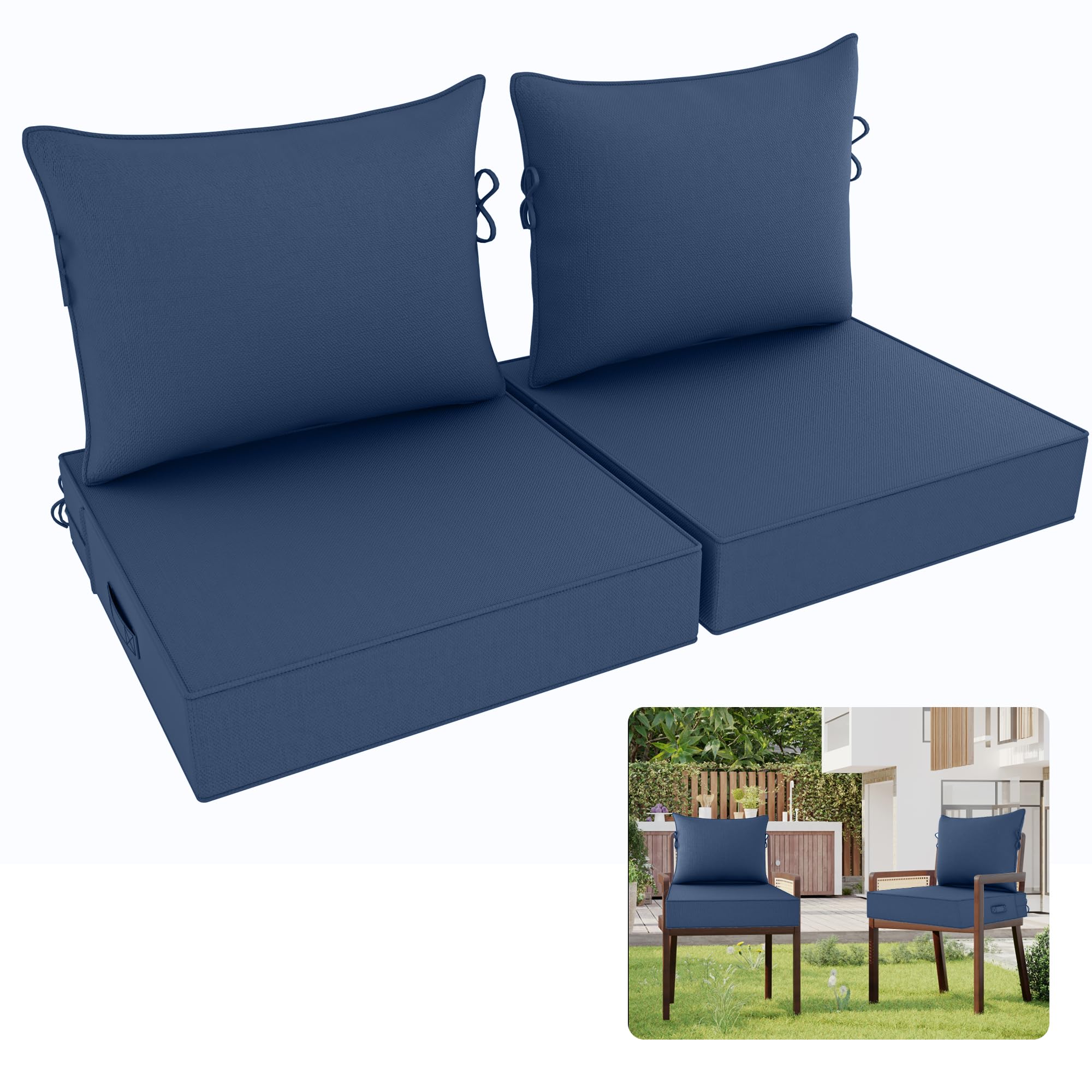 outdoor chair cushion, 24 x 24 inch waterproof deep seat patio cushions set of 2, loveseat cushions for outdoor furniture, 5'' thick patio furniture cushion with handle straps, dark blue