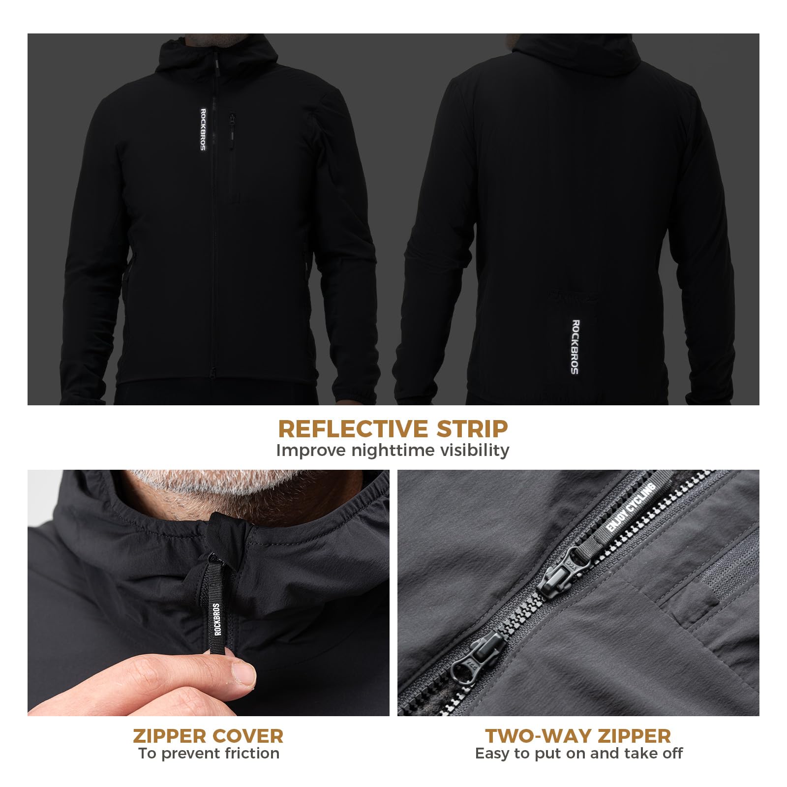 ROCKBROS Chaqueta Ciclismo para Hombre, Cálida Cortavientos Transpirable Resistente al Agua y Reflectante con Bolsillos para Running Senderismo Deportes al Aire Libre, Negro