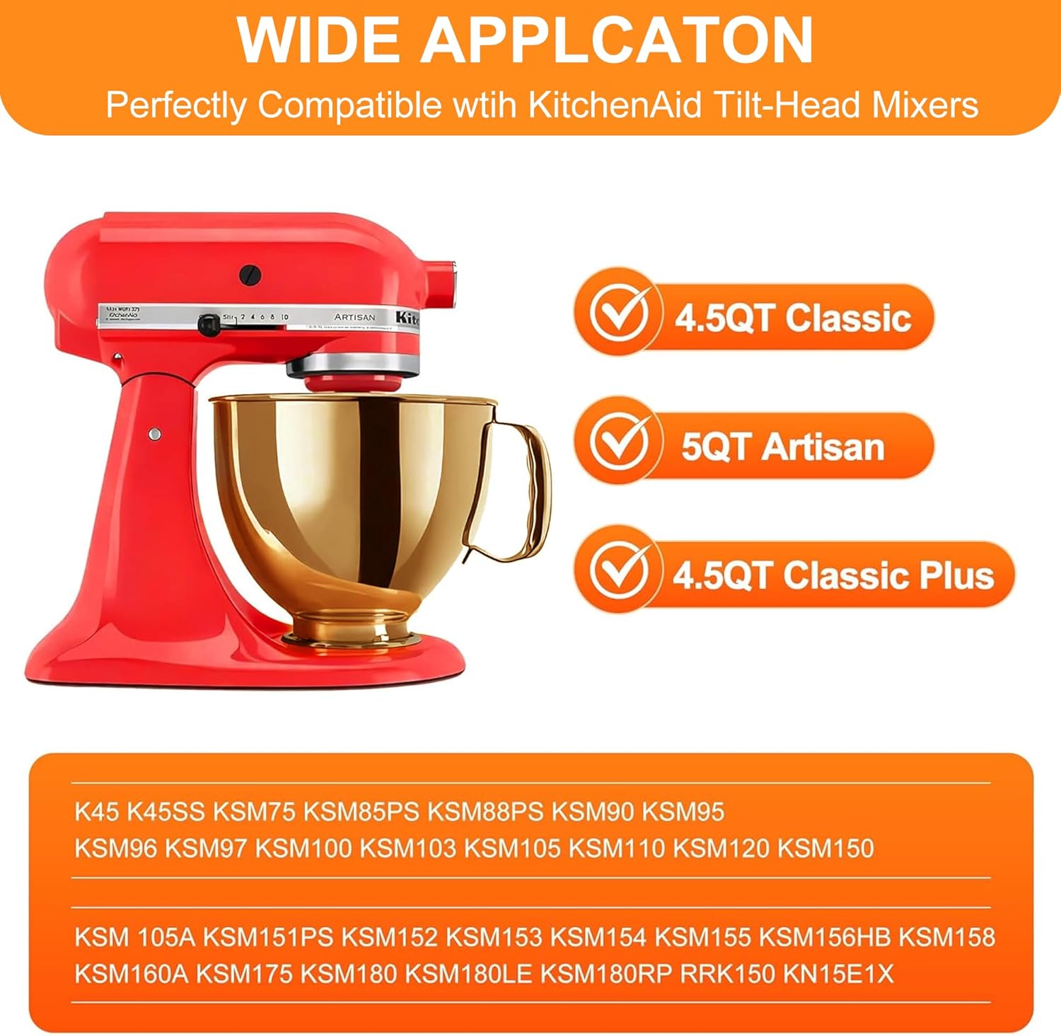 Copper Color Stainless Steel Mixer Bowl, Compatible with KitchenAid Series 4.5-5 QT Tilt-Head Mixers, Suitable for K45SS, KSM75, KSM90, KSM100, KSM150, Dishwasher Safe, Heavy Duty, No Residue