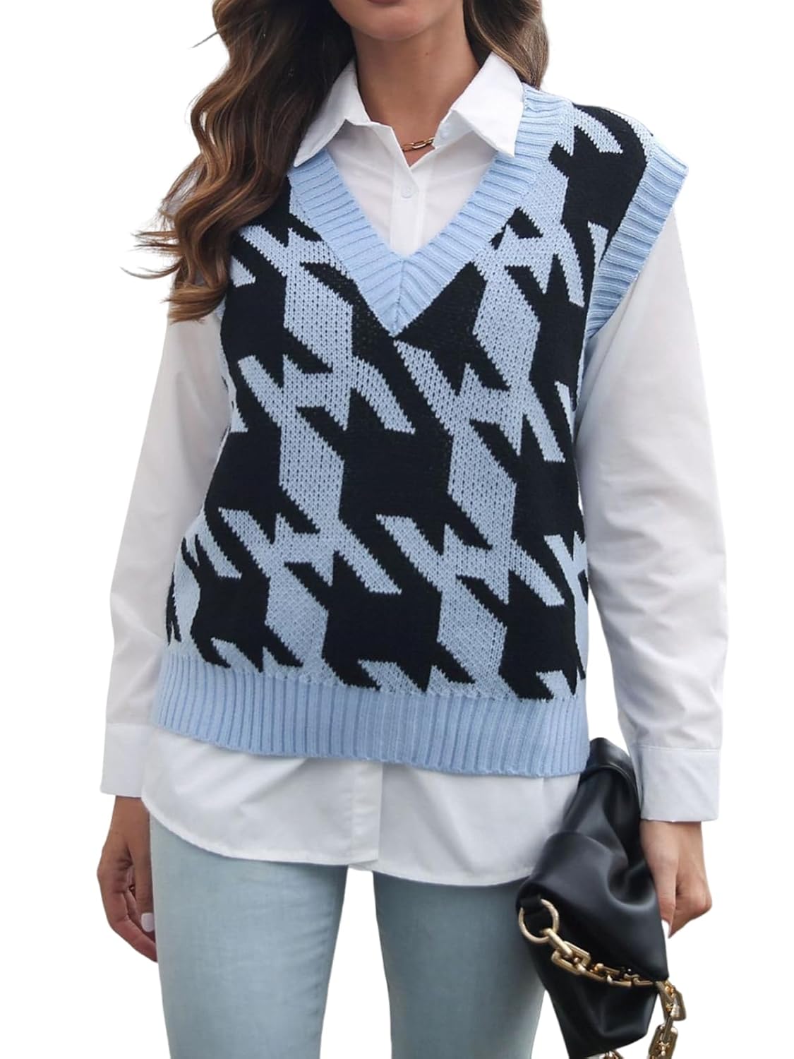 utcoco Sweater Vest Women Sleeveless V Neck Pullover Houndstooth Knit Tunic Top 2025 Fall Outfits