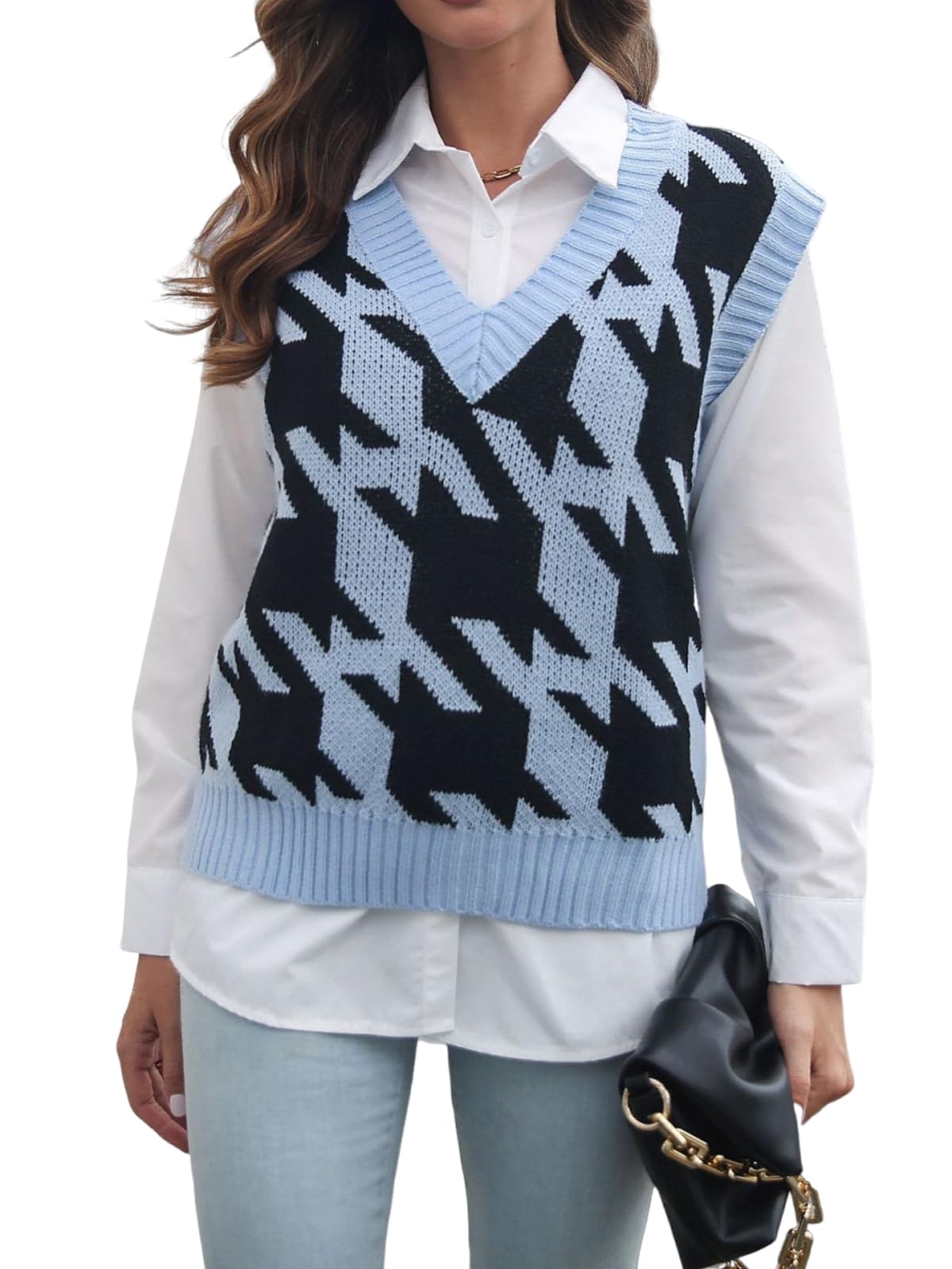 utcoco Sweater Vest Women Sleeveless V Neck Pullover Houndstooth Knit Tunic Top 2025 Fall Outfits