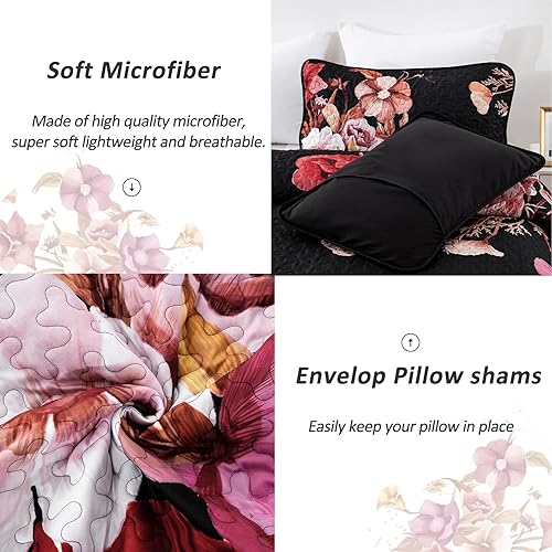 Miniatura 6 de Drucon Juego de edredón floral tamaño King de 3 piezas, juego de edredón floral rojo, microfibra suave, ligera, colcha acolchada negra para todas