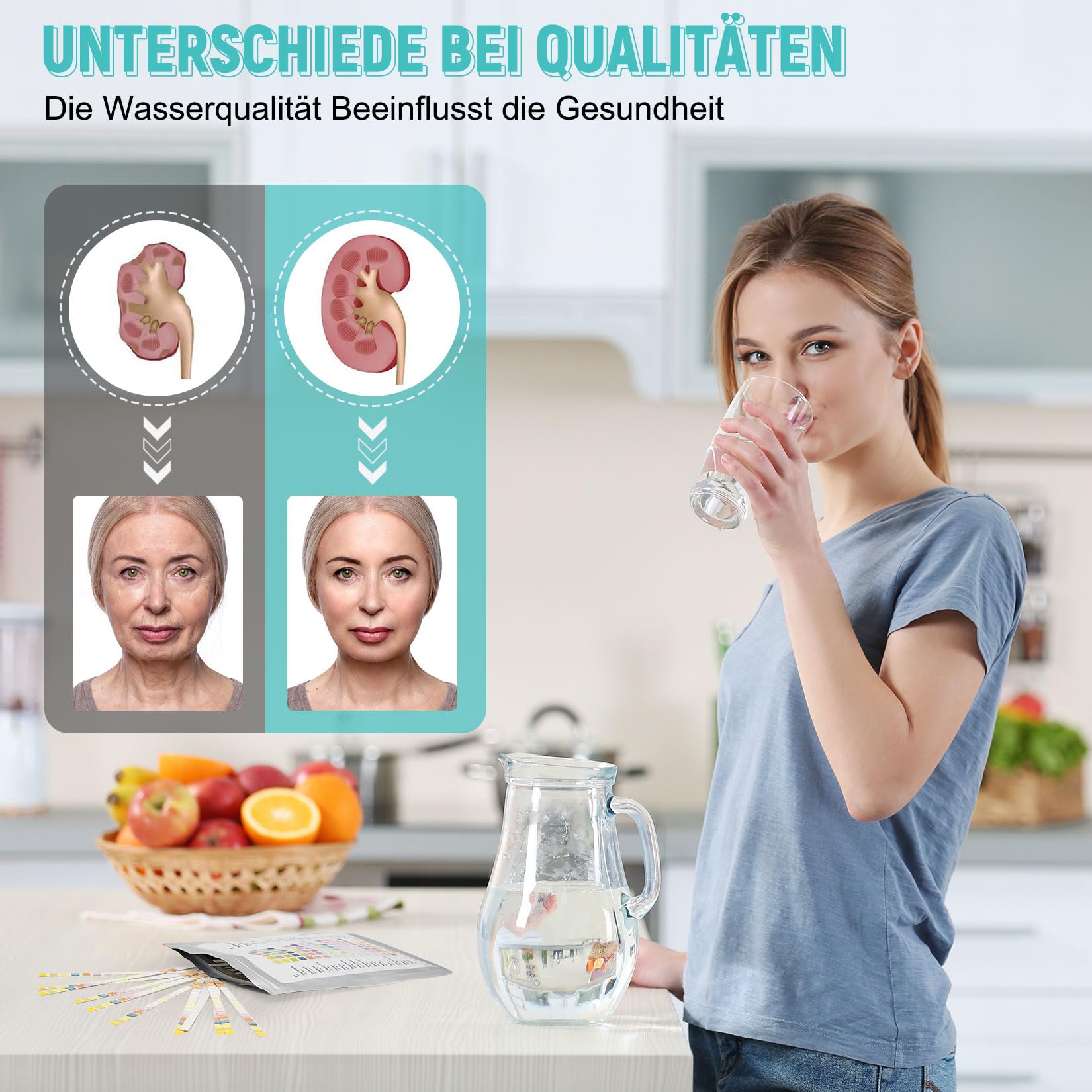 Tester wody pitnej 16 w 1, 50 sztuk pasków testowych do wody pitnej z rurkami testowymi, paski testowe do wody wodociągowej, basenu, spa, do łatwego sprawdzenia, twardości wody, pH chloru