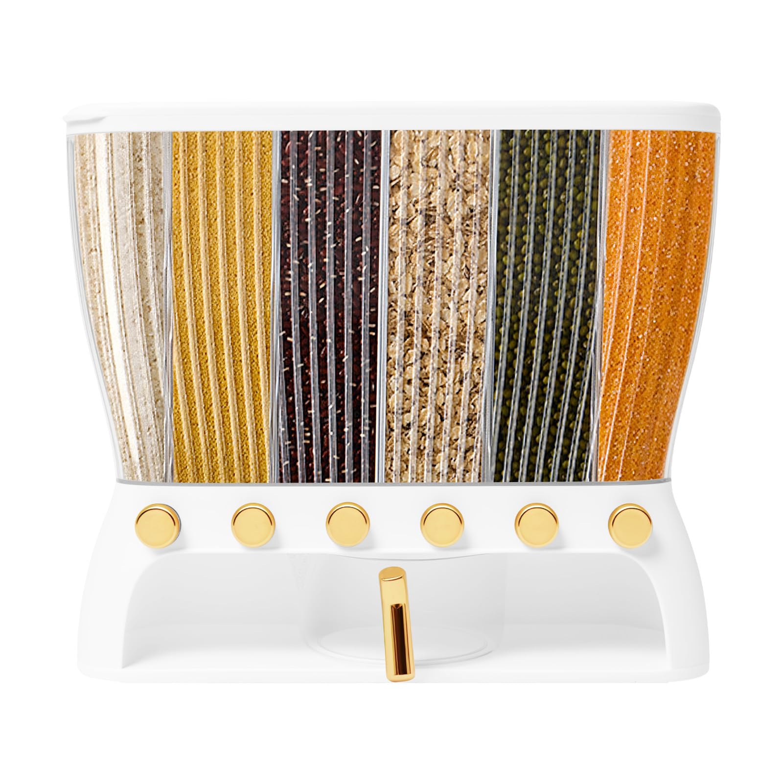 WsrrLun 6 Grid Dry Food Dispenser, 22lb Capacity Grain Storage Dispenser w/Removable Dividers, One-Touch Countertop Clear Container for Rice Coffee,16.54x14.17in