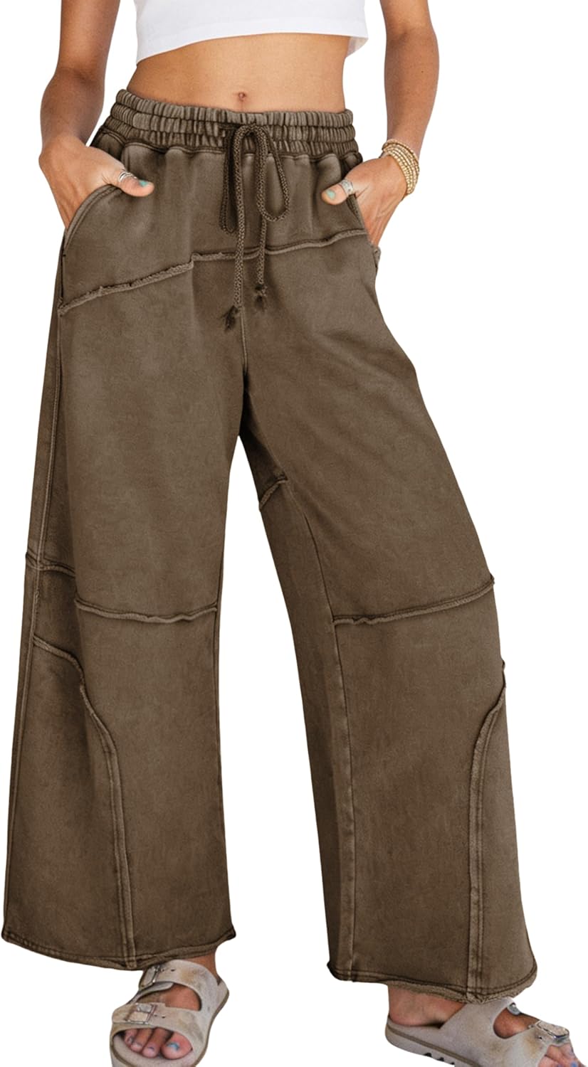 Athlisan Womens Casual Wide Leg Sweatpants High Waist Acid Wash Palazzo Pants with Pockets