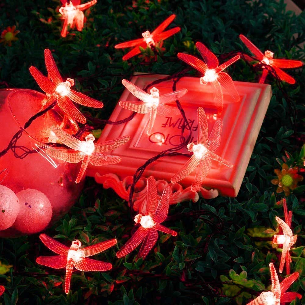 Catena luminosa solare a forma di libellula per esterni con telecomando, 22 m, 200 LED, impermeabili, 8 modalità. (rosso)