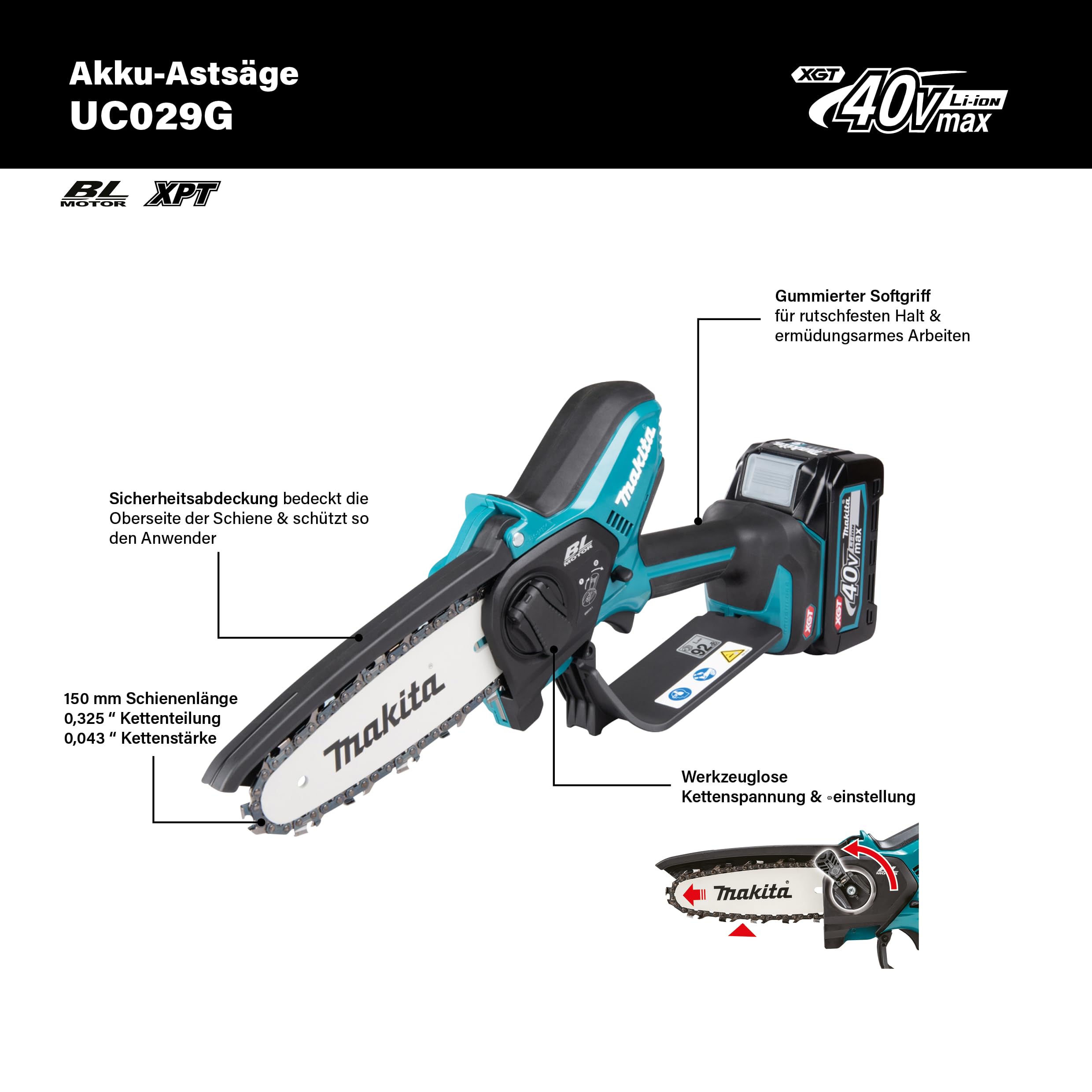 Makita Akku-Astsäge, 40V, 15 cm Schnittlänge, 8 m/s Kettengeschwindigkeit, Petrol-Schwarz UC029GZ