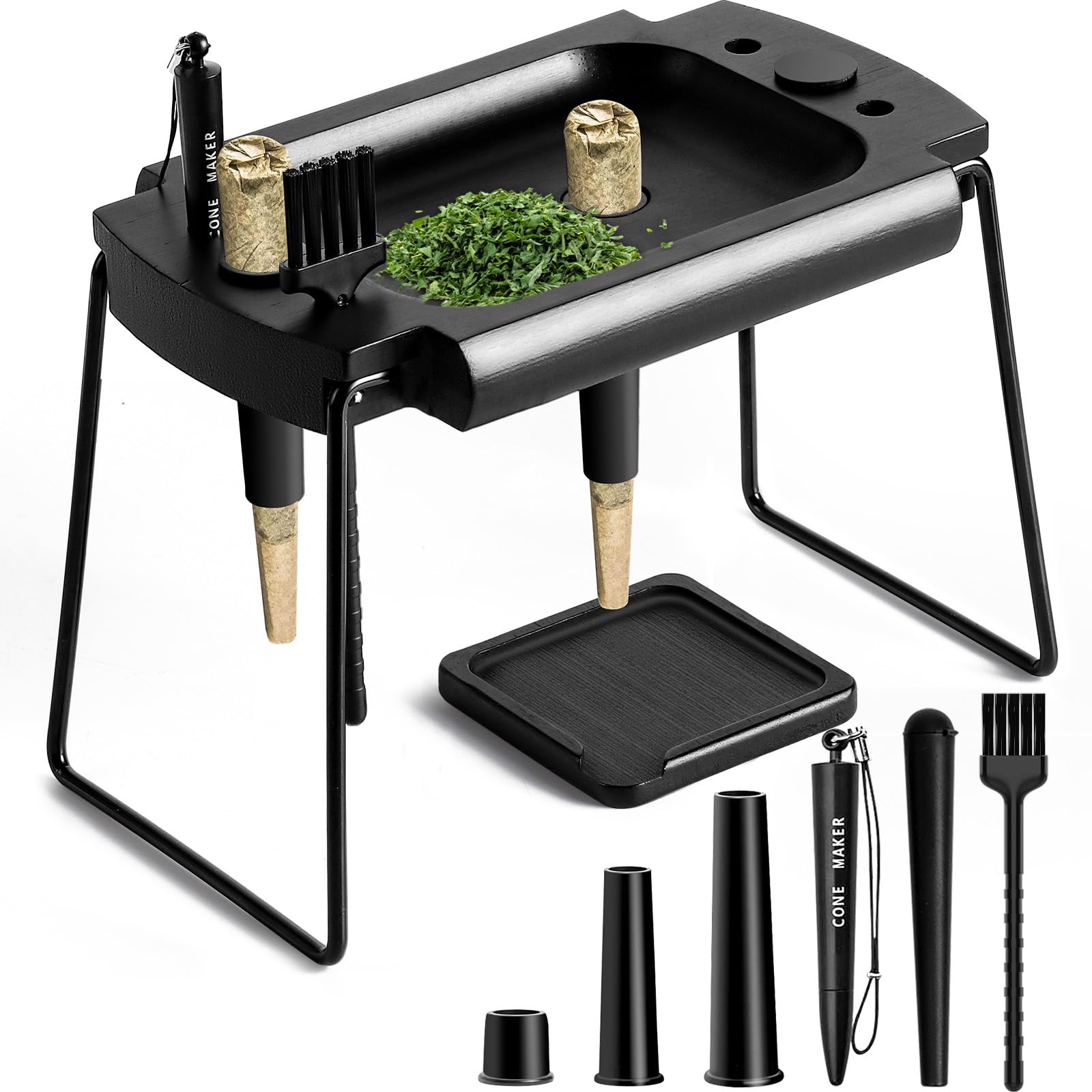 Foldable Wooden Rolling Tray Set with Cones Loader, Cone Filler - Rolling Tray with Cone Loader, Complete Rolling Tray Kit with Smell Proof Tube &amp; Pre-Roll Machine