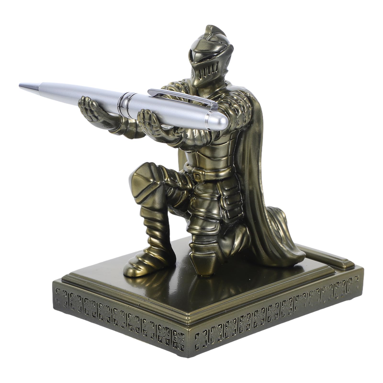 Veemoon Portapenne da Scrivania in Resina Statua di Cavaliere Dorato, Base Stabile e Design Unico Medievale per Ufficio e Casa