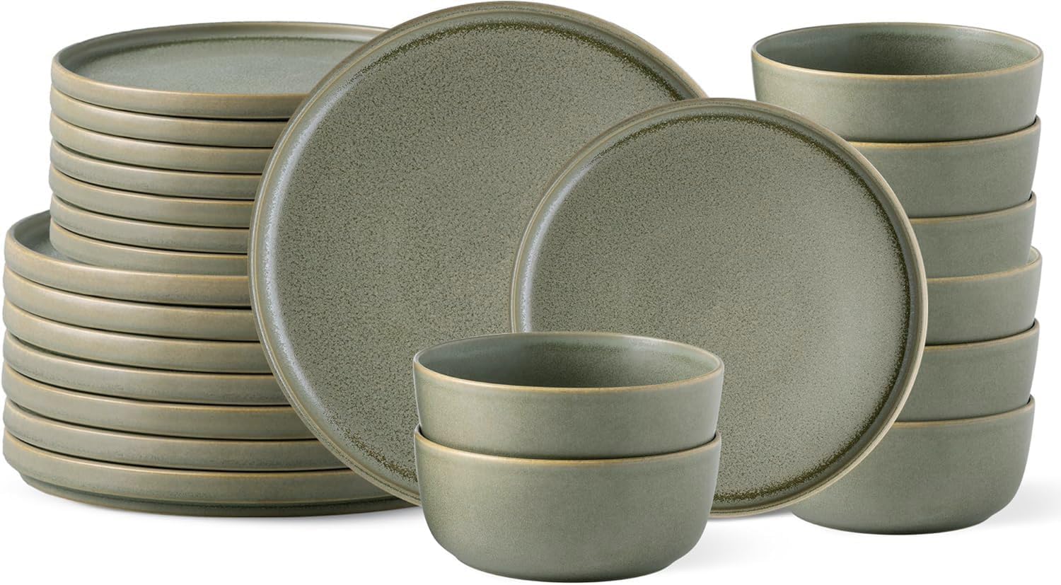AmorArc Stoneware Dinnerware Sets of 6,Reactive Ceramic Plates and Bowls Set,Highly Chip and Crack Resistant | Dishwasher & Microwave Safe | Round Dishes Set Service for 8 (24pc) Stoneware Matte Green Service for 8 ( 24 pcs)