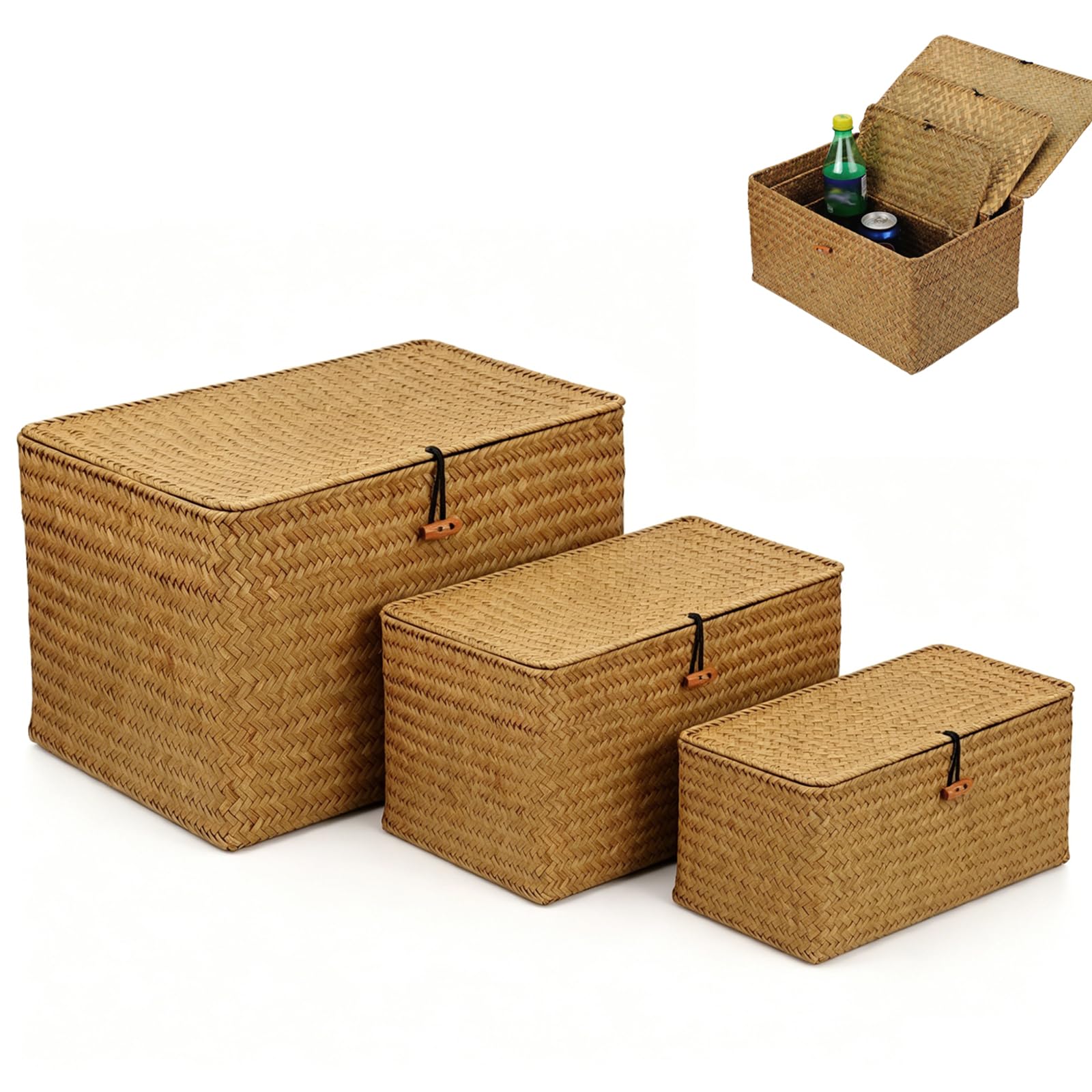 Cesto Portaoggetti in Rattan Intrecciato, Set di 3 Cestini Portaoggetti in Vimini con Coperchio, Cesta in Vimini di Seagrass, per Scaffali, Scrivania, Organizer per la CasaS(S, M, L, Arancione)