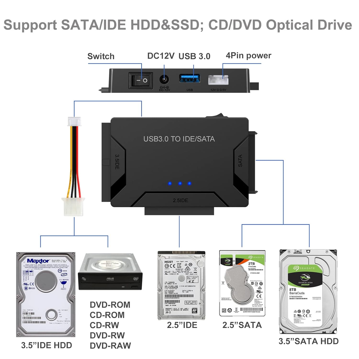 Buy EYOOLD USB 3.0 to SATA IDE Adapter w/12V Power Adapter, External