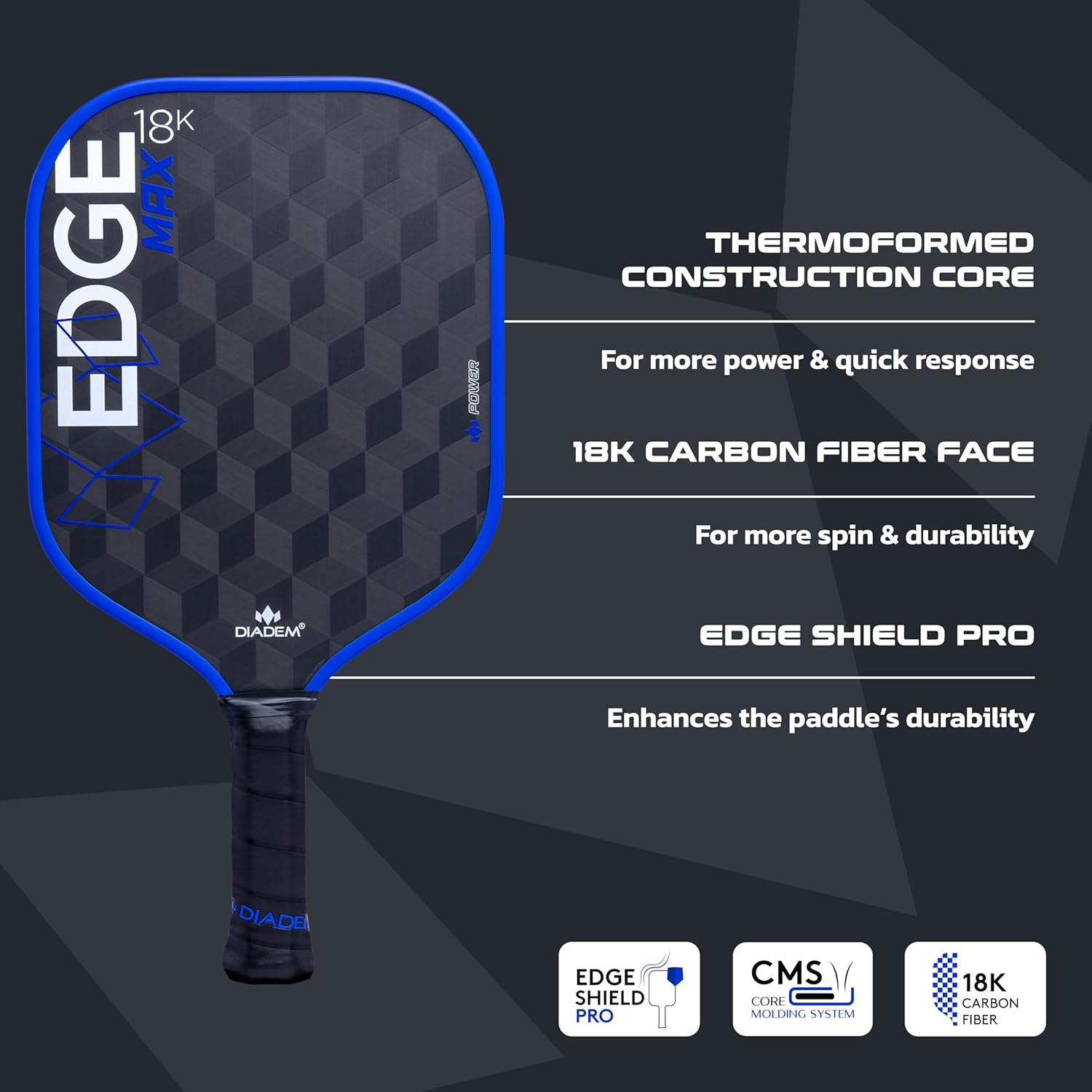 Diadem Edge 18K Power & Power Pro Paddle Series | USAPA Approved, 18K Carbon Fiber Face for Unmatched Spin, Control and Power | Thermoformed | Durable Edge Shield | Multiple Colors & Styles