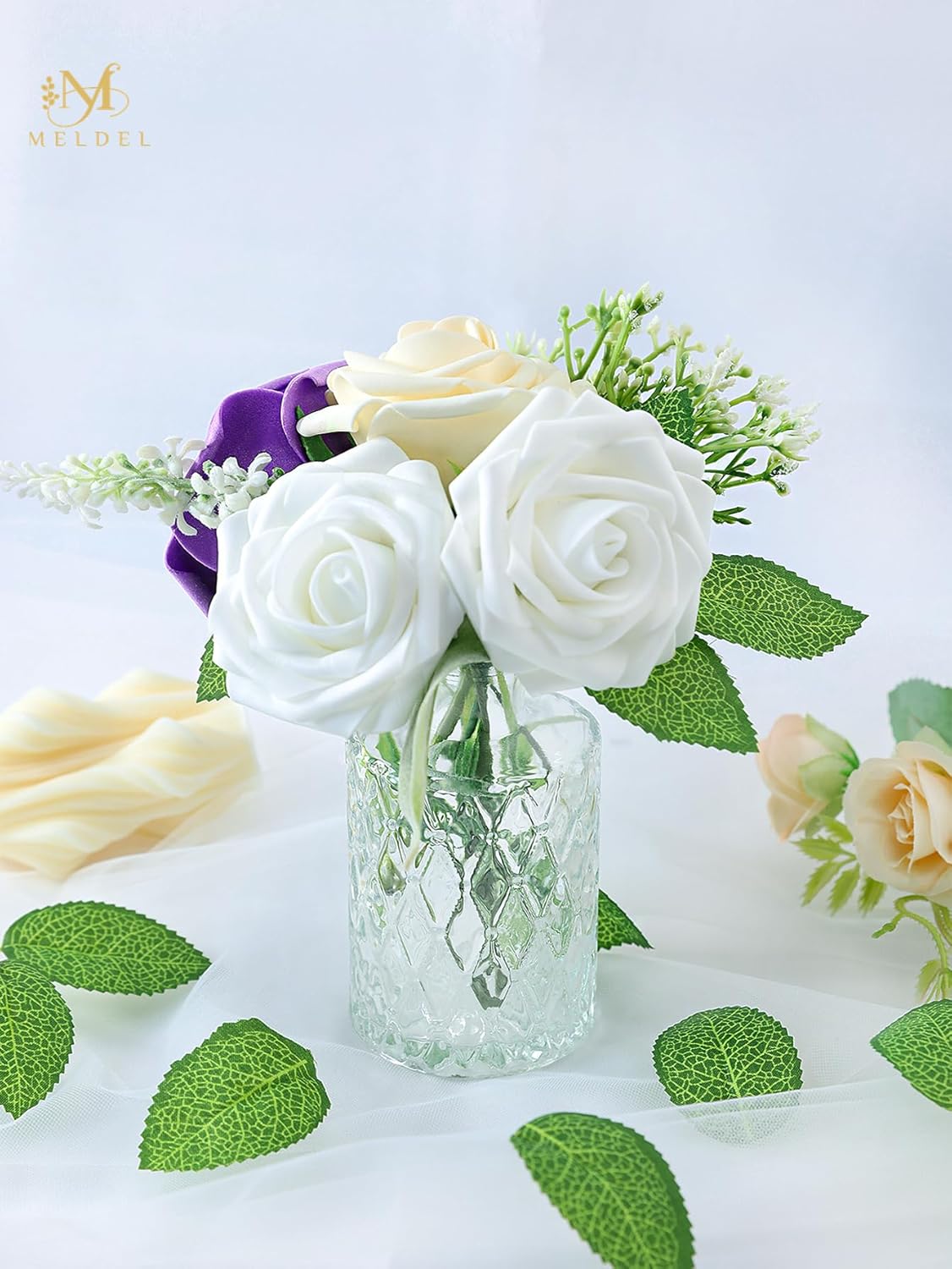 Meldel Artificial Flower 25pcs Real Touch Ivory Fake Foam Roses with Stems for DIY Wedding Bouquets Gifts White Bridal Shower Faux Floral Centerpieces Arrangements Home Party Tables Decorations - Image 5