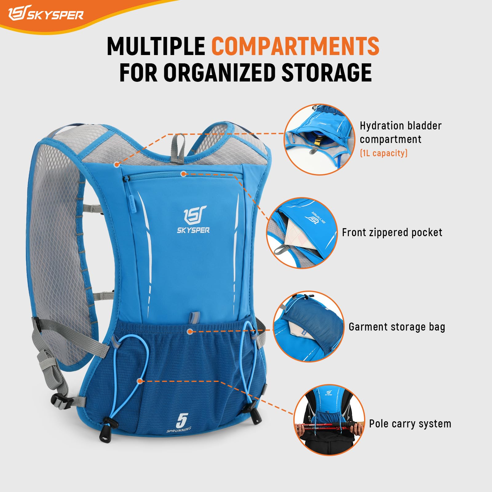 SKYSPER Zaino Idratazione 5L, Gilet Zaino Trail Running con Borraccia Morbida 500ml per Corsa Ciclismo Jogging Escursione