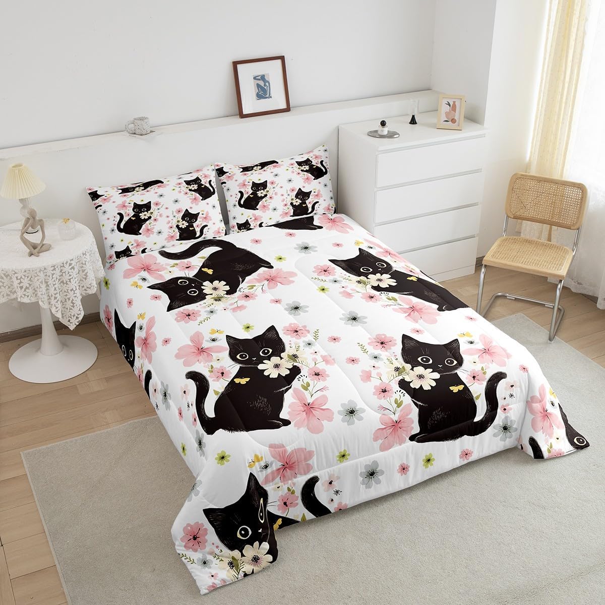 Feelyou Kawaii Cat Comforter Set Girls Butterflies Cats Print Comforter image 3
