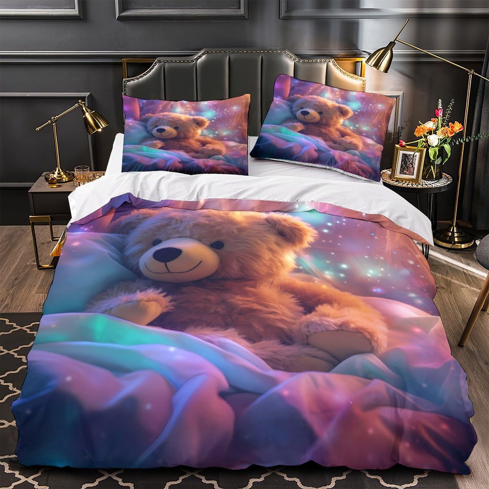 Housse de couette ours en peluche 260x220cm en microfibre avec 2 taies