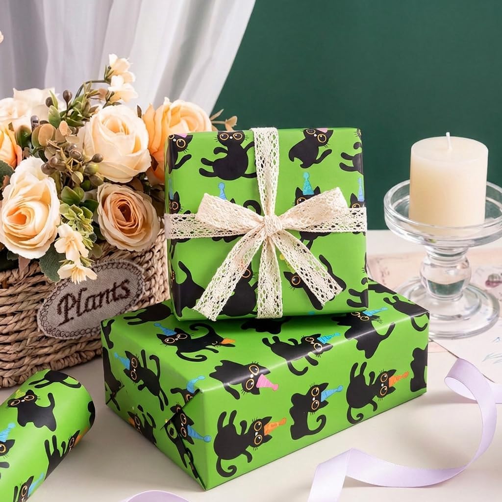 ZDSPIDE Birthday Cat Wrapping Paper Roll – 17 Inch x 16.4 Feet, Adorable Black Kitten with Party Hat, Green Gift Wrap for Kids, Girls & Cat Lovers, Birthday Calebration, Baby Shower