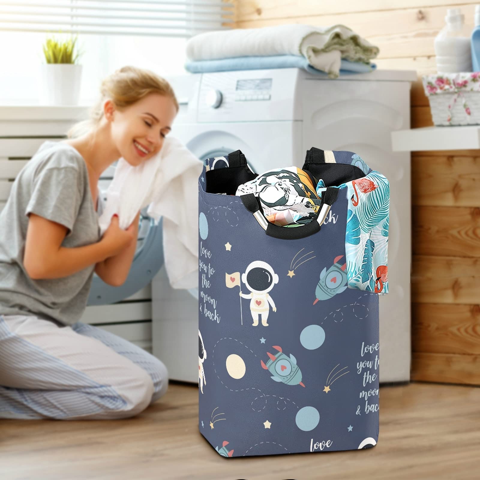 Grand Panier à Linge Fusées Spatiales 36L - Repliable Pour Enfants Garçon Fille - Bleu