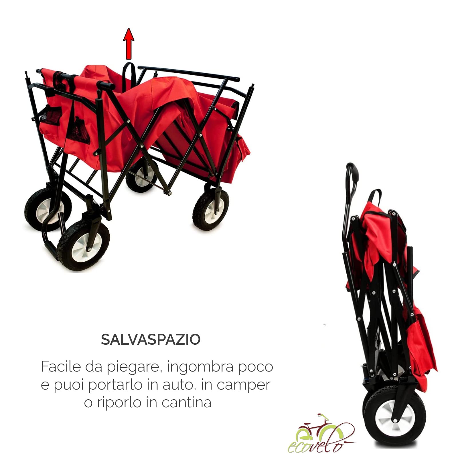 ECOVELO' CARRELLO A MANO PIEGHEVOLE DA SPIAGGIA MAX 80KG CON TETTUCCIO CARRETTO DA GIARDINO RICHIUDIBILE PER CAMPEGGIO