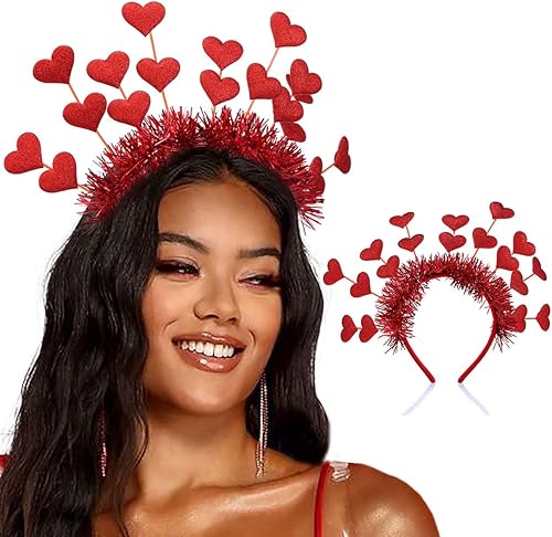 Miniatura 8 de Olbye Diadema para el día de San Valentín, diadema de corazón rojo, aro de amor rosa, lentejuelas con purpurina, corazones, cabeza, bopper,