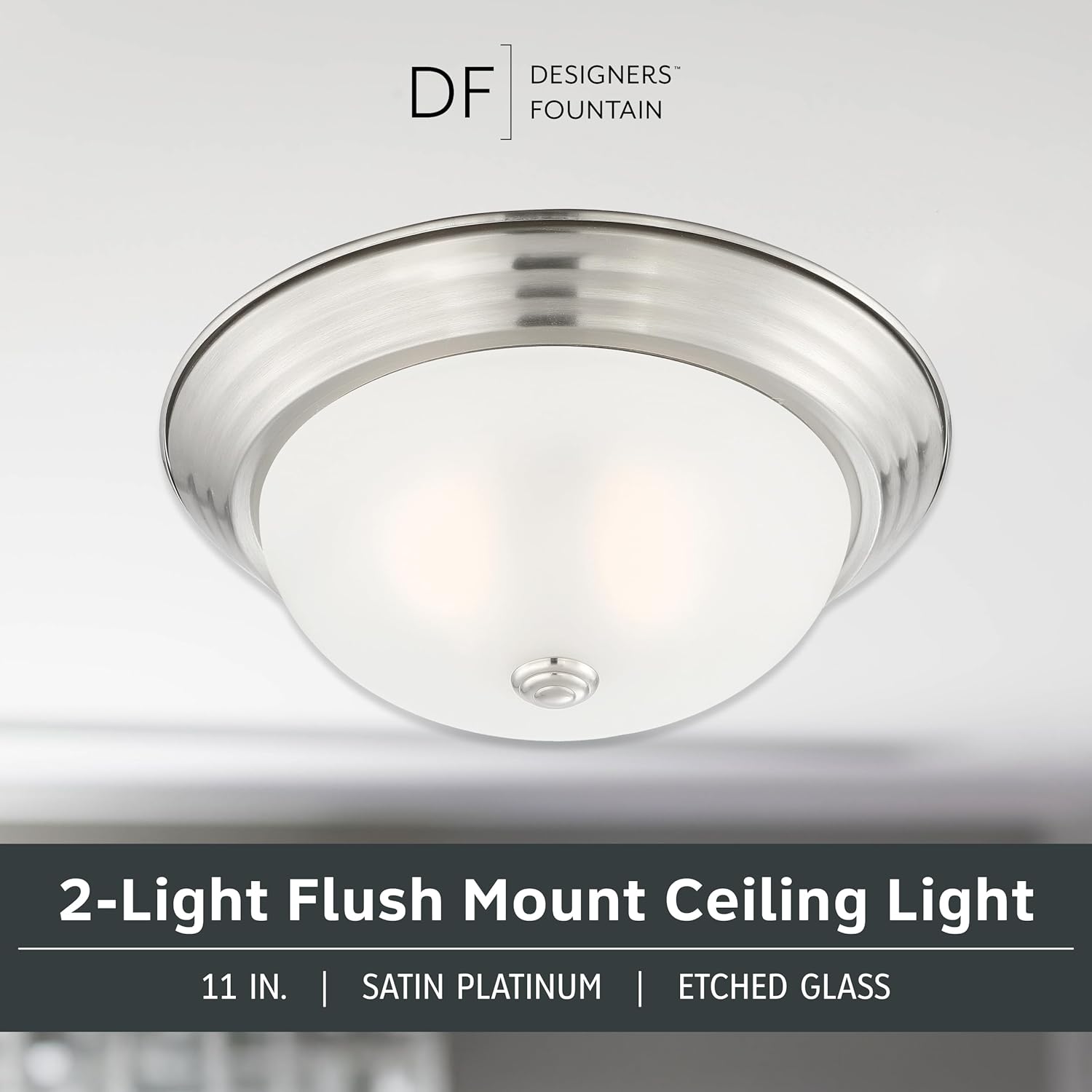 designers fountain reedley 2-lights flush mount ceiling light, 11 inch lighting fixture for kitchen, bedroom, bathroom, and hallway, satin platinum with etched glass, 1257s-sp-w satin platinum/white 11 in