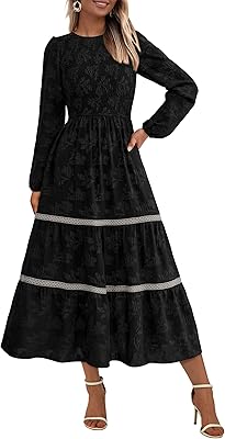 PRETTYGARDEN Long Sleeve Dress for Women 2026 Fall Elegant Modest Floral Boho Smocked Flowy Wedding Guest Midi Dresses