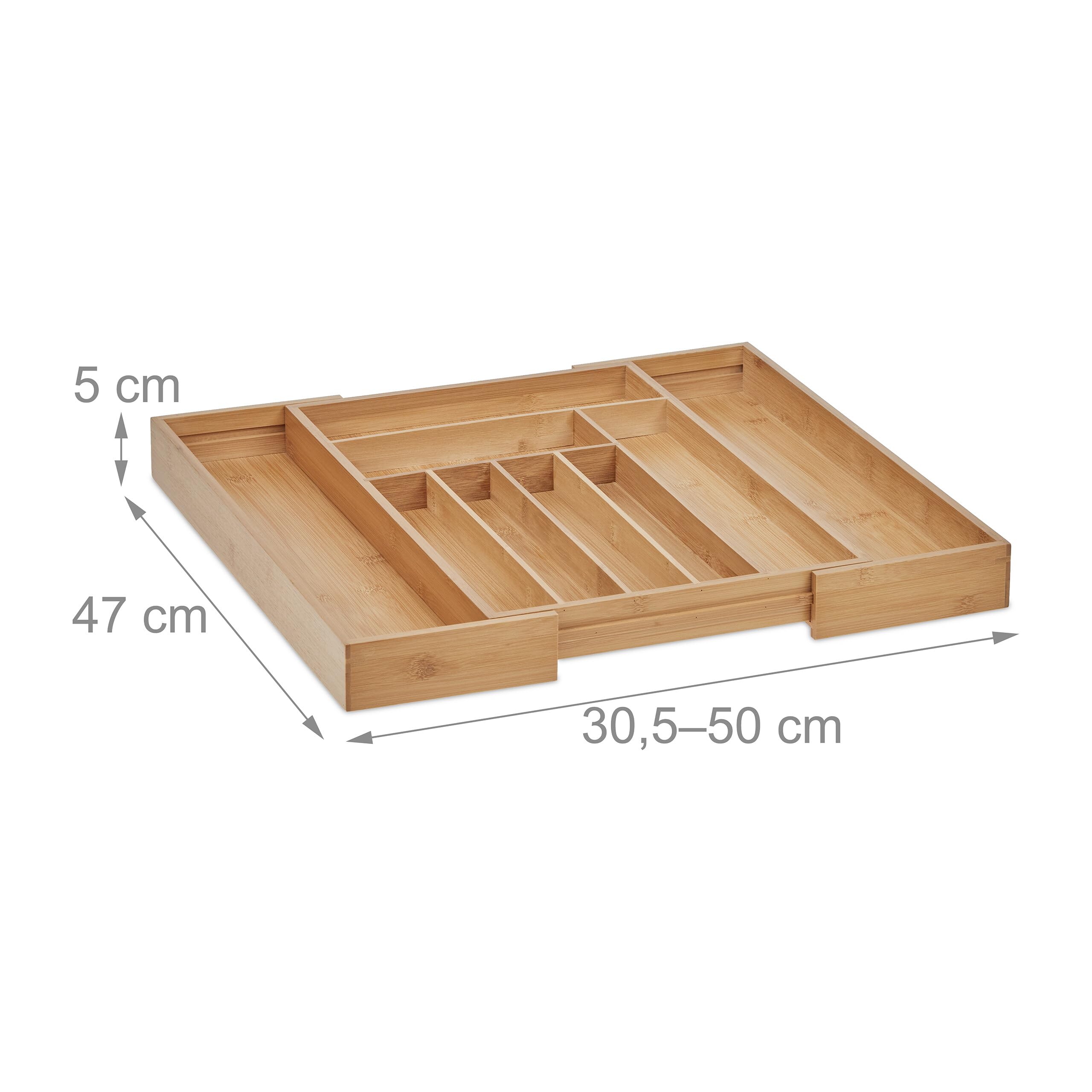 Relaxdays Cubertero, 7-9 Compartimentos, Organizador de Cubiertos Extensible, Cajón, 5 x 30,5-50 x 47 cm, Bambú, Natural