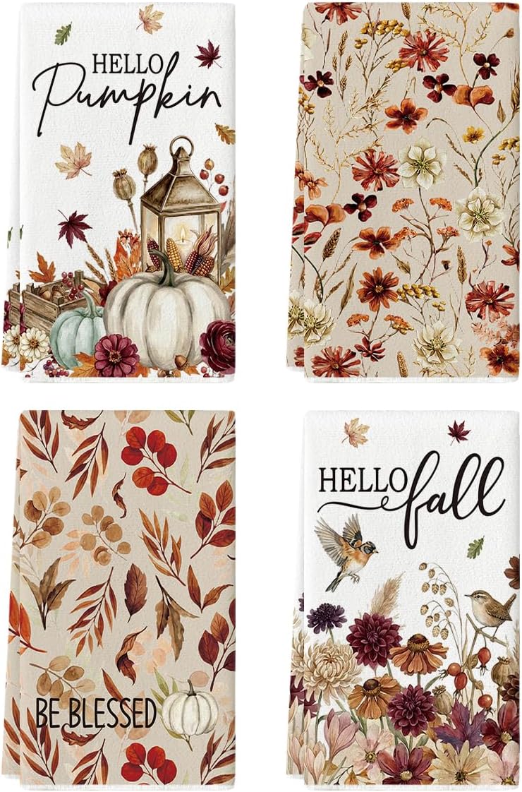 Artoid Mode Pumpkin Floral Fall Kitchen Towels Set of 4 18x26 Inch | Thanksgiving Autumn Hello Leaves Hand & Dish Towels,Ultra Absorbent,Seasonal Farmhouse Decoration