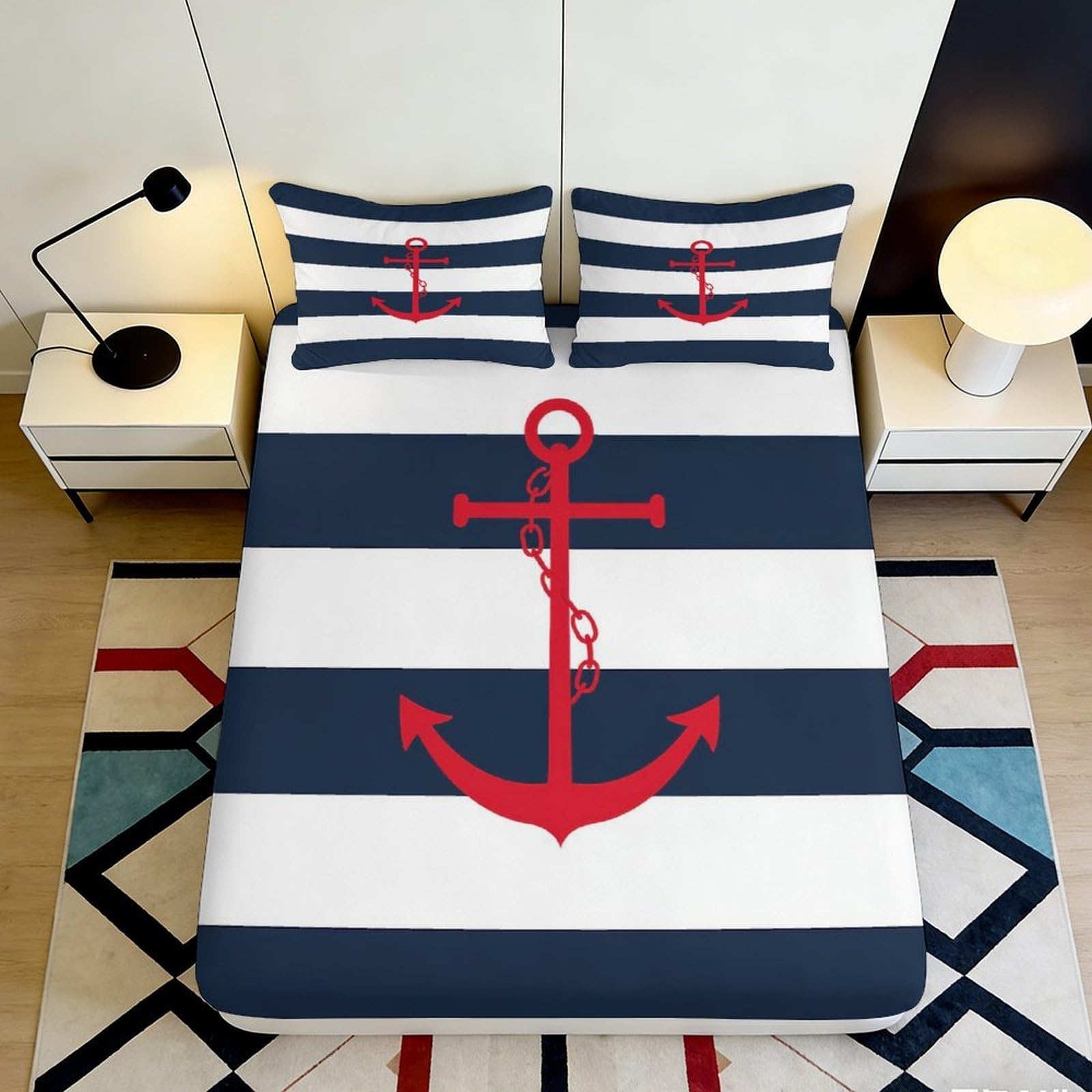 3D Printed Nautical Anchor Fitted Sheet Microfiber Blue White Stripe Mattress Cover for Bedroom Guest Room Decor 180x200x25cm