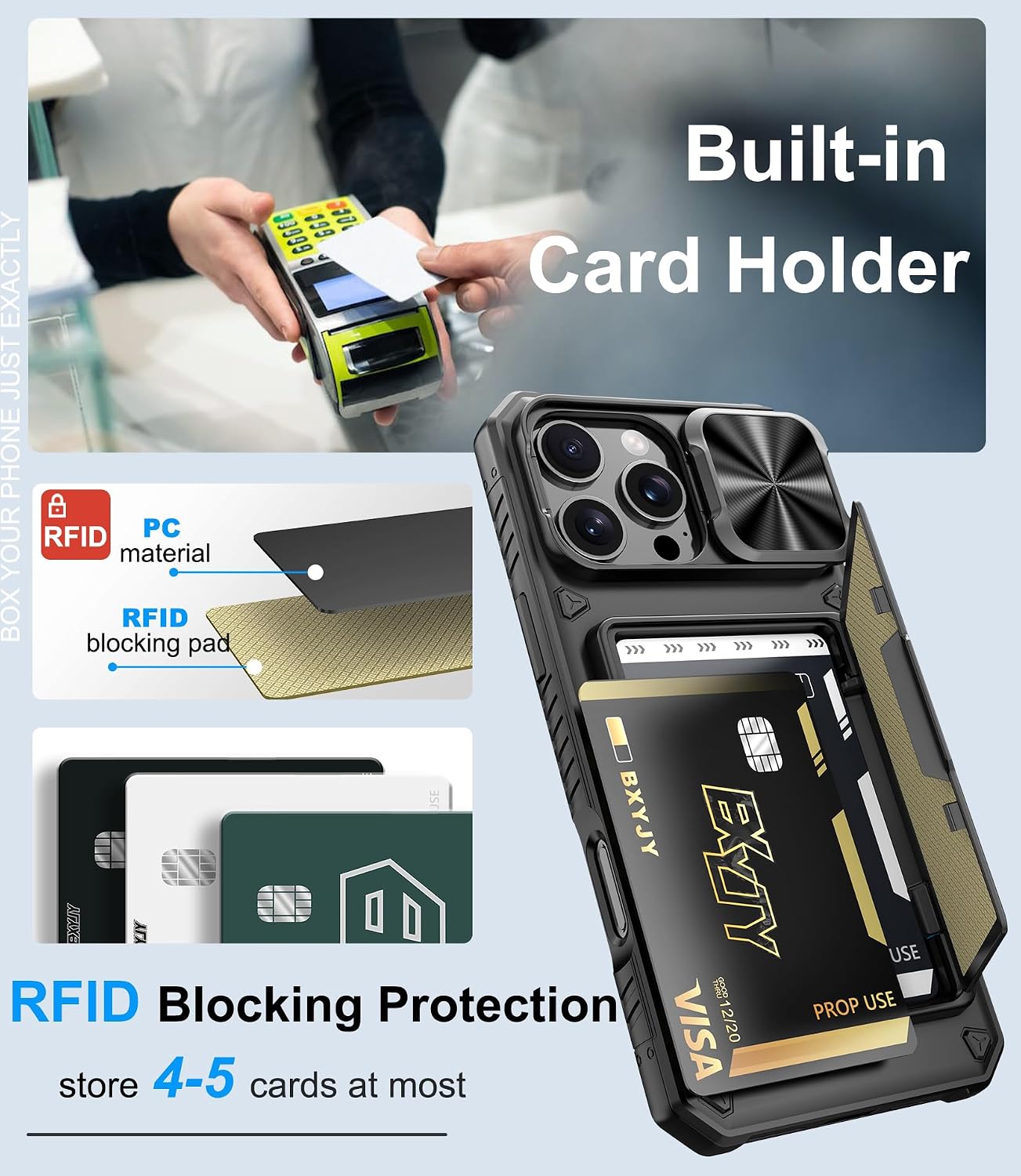 BXYJY for iPhone 16 Pro Max Case Wallet with Screen Protector (Tempered Glass), Card Holder (4-5 Cards), Slide Camera Cover, Military Grade Drop, Heavy Duty Men Women Case for iPhone 16 Pro Max, Black