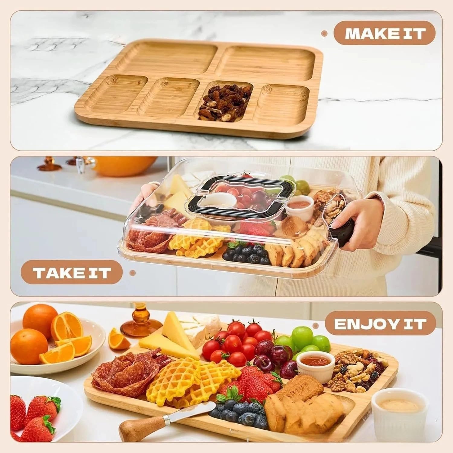 Planche à fromages en bois avec couvercle transparent, plateau de service pour fruits, collations, viande, dessert, assiette à charcuterie, planche à fromages avec compartiments, poignée pour fête