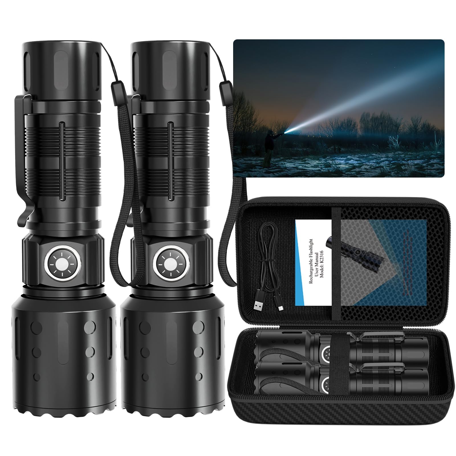 Tommax Super Bright & Rechargeable Flashlight – High-Powered FlasAhlights, Memory Function, 6 Modes, IPX5 Waterproof | Compact LED Light for Emergency, Outdoor & Home Use-2PCS