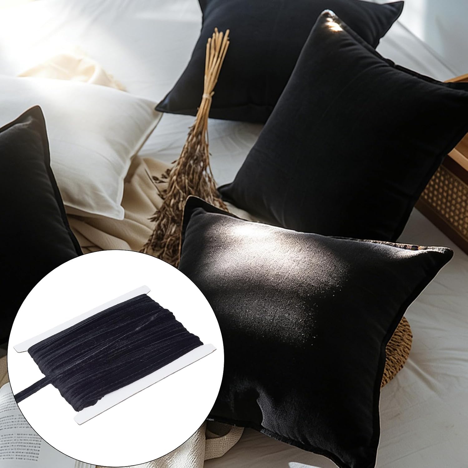 18 Yards Velvet Piping Bias Tape, 0.47 Inch Wide Lip Piping Trim with Welting Cord, Black Upholstery Binding Bias Tape for Apparel Sewing Stitching Decorating Pillows Lam