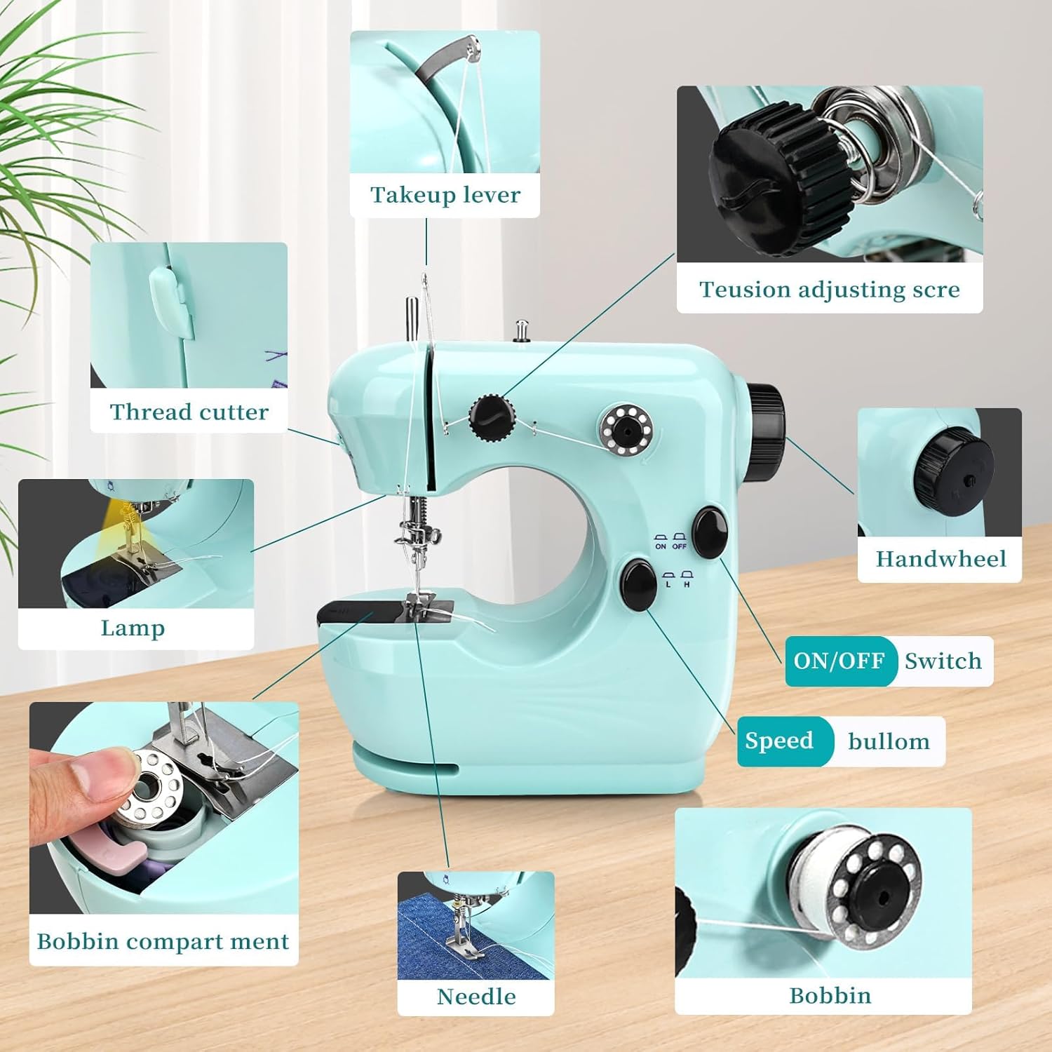 Mini Sewing Machine Portable sor Beginners：Small Easy Use Sewing Machines with Sew Kits, Cover and Extension Table Green