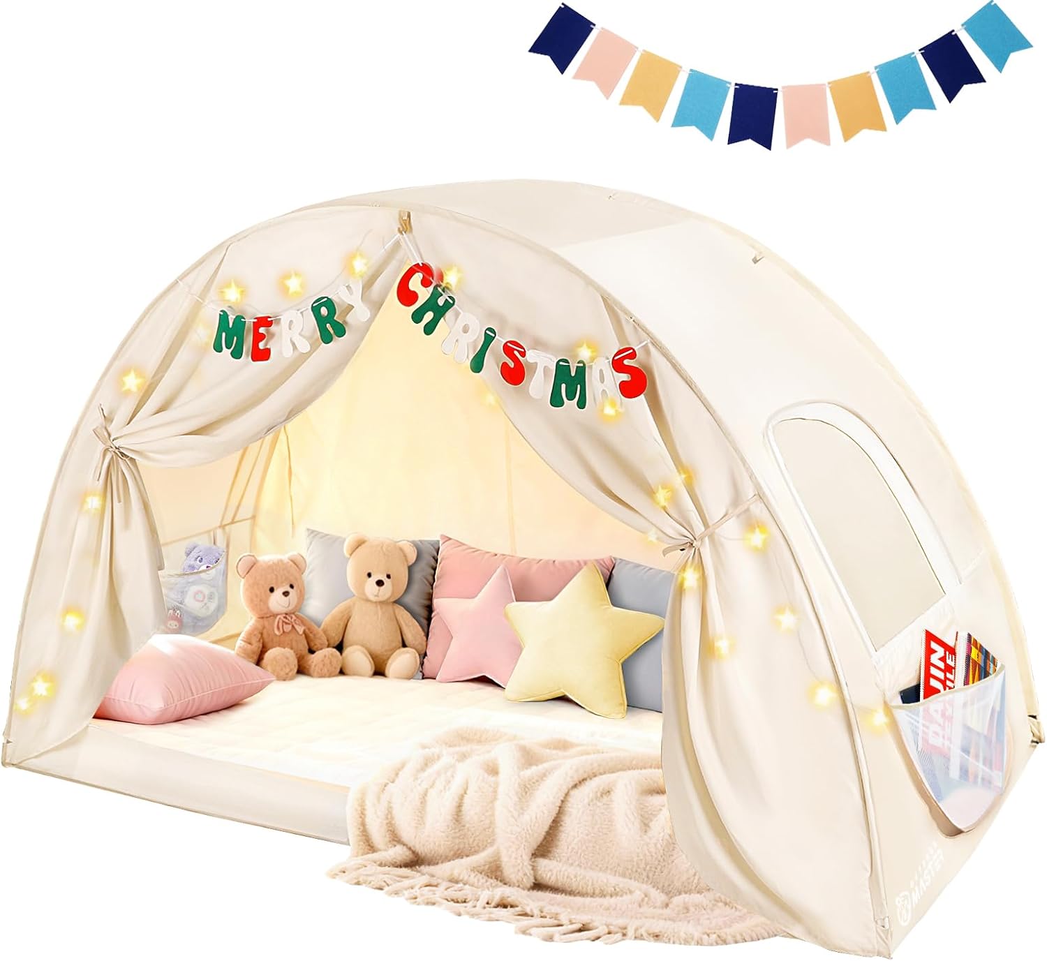 OutdoorMaster Twin Bed Tent for Kids, Bed Tent Twin Size with Letters & Flags, Privacy Space Bunk Bed Tents, Easy Setup Indoor Floor Bed Canopy, Dream Playhouse Gifts for Toddler, Girls, Boys