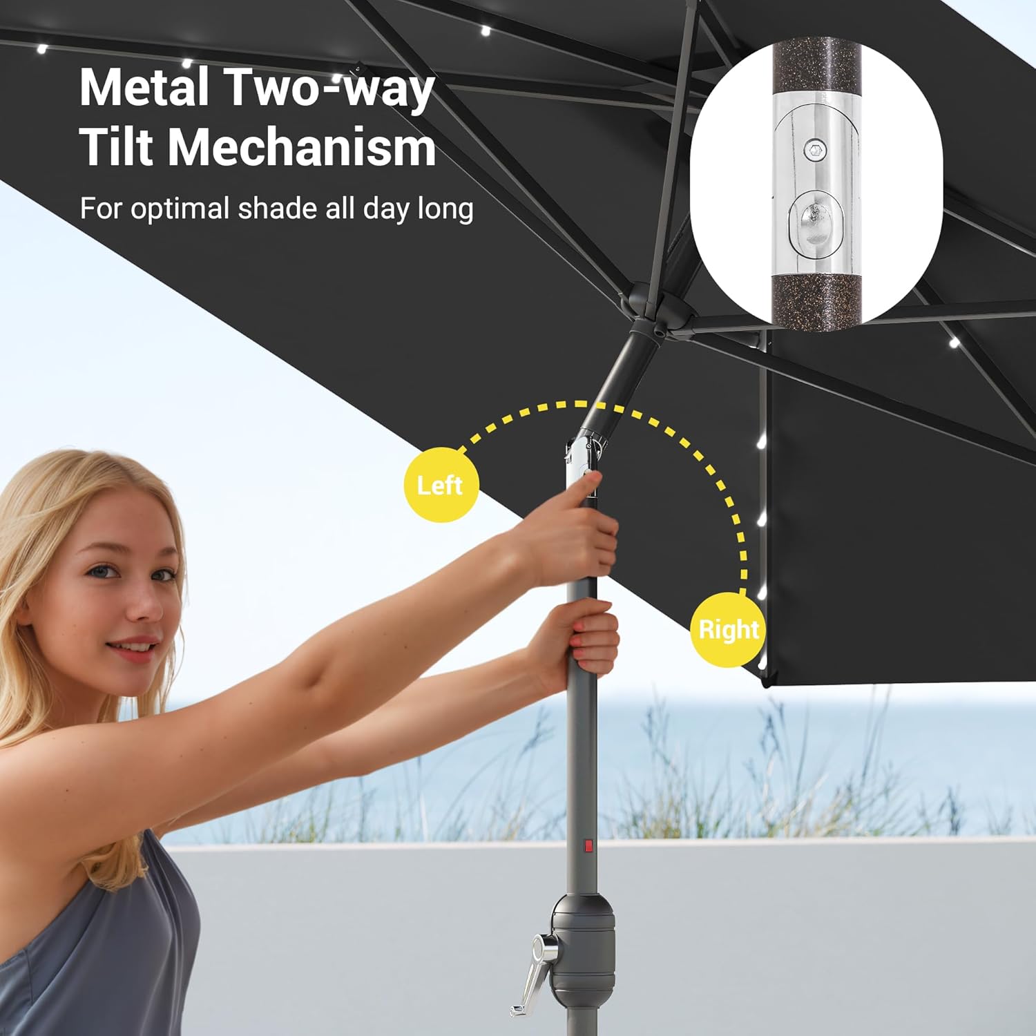 Rectangle Patio Umbrella with Solar Lights, 10x6.5ft Aluminum Outdoor Rectangular Table Market Umbrella Patio with Push Button Tilt and Crank for Pool, Deck, Garden,Backyard