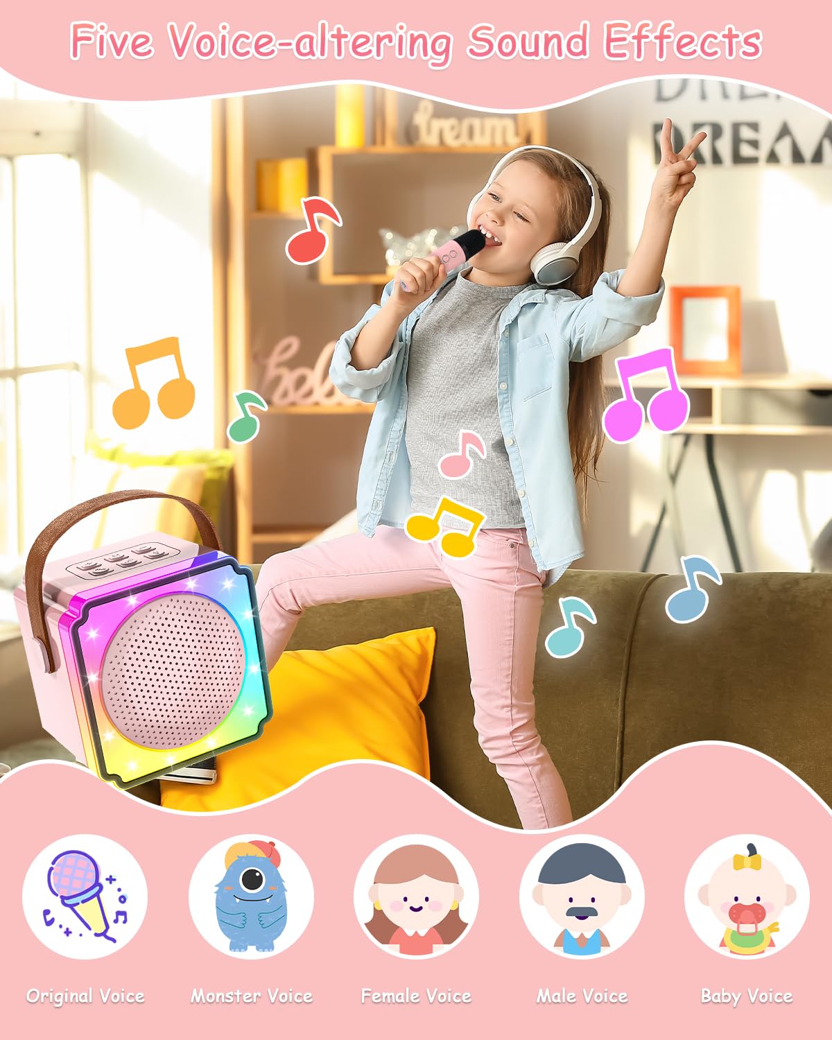 Maszyna do karaoke dla dzieci z 2 mikrofonami do karaoke dla dzieci, przenośna maszyna do karaoke z oświetleniem LED i efektami zmiany mowy, prezent dla dzieci w wieku 5-12 lat, dla chłopców
