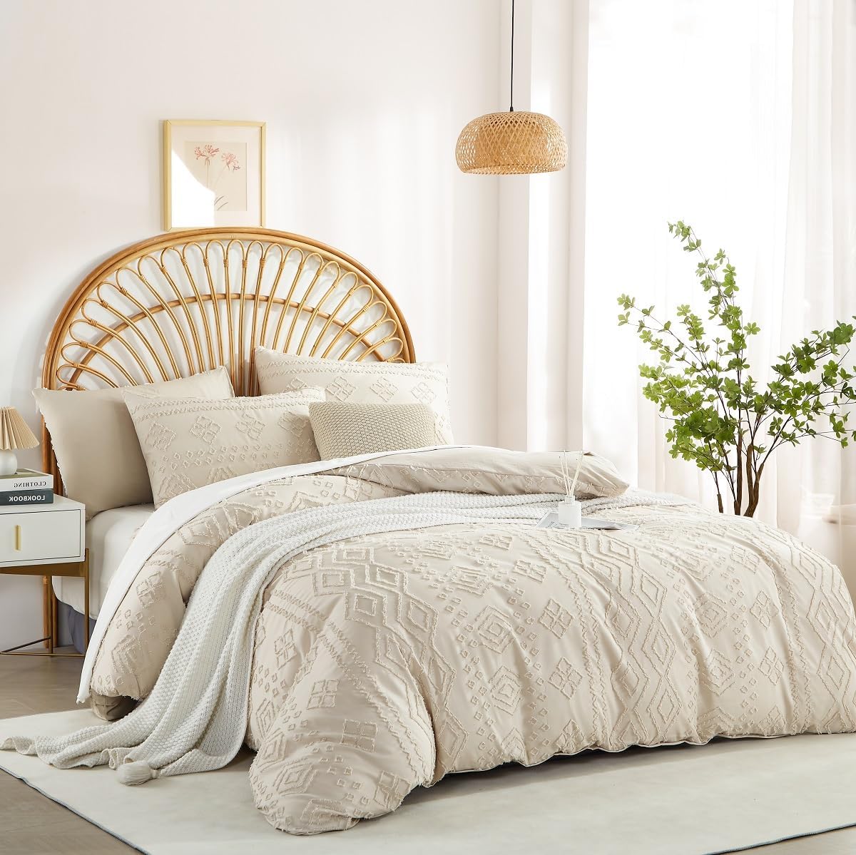 Sedefen Boho Bed Linen 155 x 220 cm Beige Tufted Geometric Pattern Reversible Bedding Set Embroidery Shabby Chic Bohemian Duvet Cover with Zip and 1 Pillowcase 80 x 80 cm Lk-beige 155 x 220 cm + 80 x 80 cm x 1