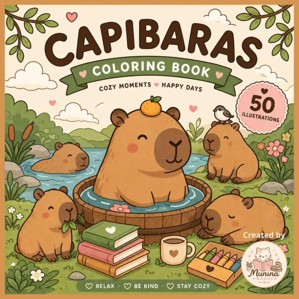 Cozy Capybara Coloring Book: Cute Kawaii Animal Coloring Pages for Relaxation, Stress Relief, Mindfulness and Cozy Moments