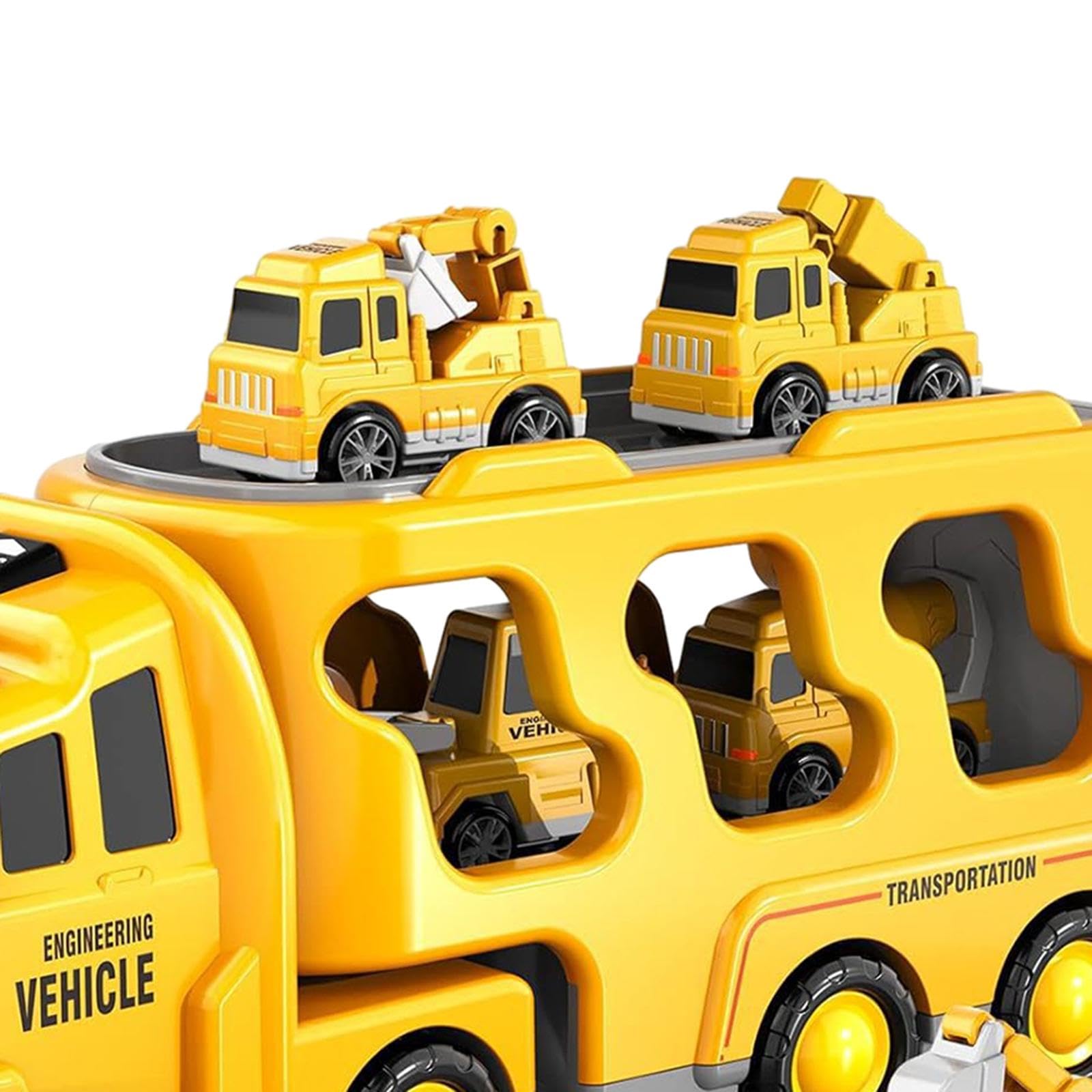 Qianly 7 Stück Feuerwehrauto Spielzeug Set Mini Friktionsfahrzeuge Transporter mit Licht Musik Notfallauto Trägerwagen Diecast Modellautos für Geschenk Kinde, Gelb