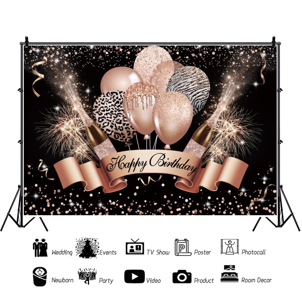 Yeele Happy Birthday Hintergrund für Mädchen und Frauen, 3,6 x 2,4 m, rotgoldener Glitzer, Luftballons, Champagner, Konfetti-Punkte, Geburtstagsparty-Hintergrund für Fotografie, Überraschung