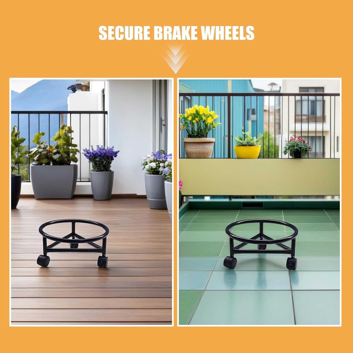 Metal Plant Caddy with Wheels - Upgraded Wrought Iron Rolling Planter Base with Lockable Caster - Flowerpot Stand Mobile Round Stand for Garden 30cm/11.8"