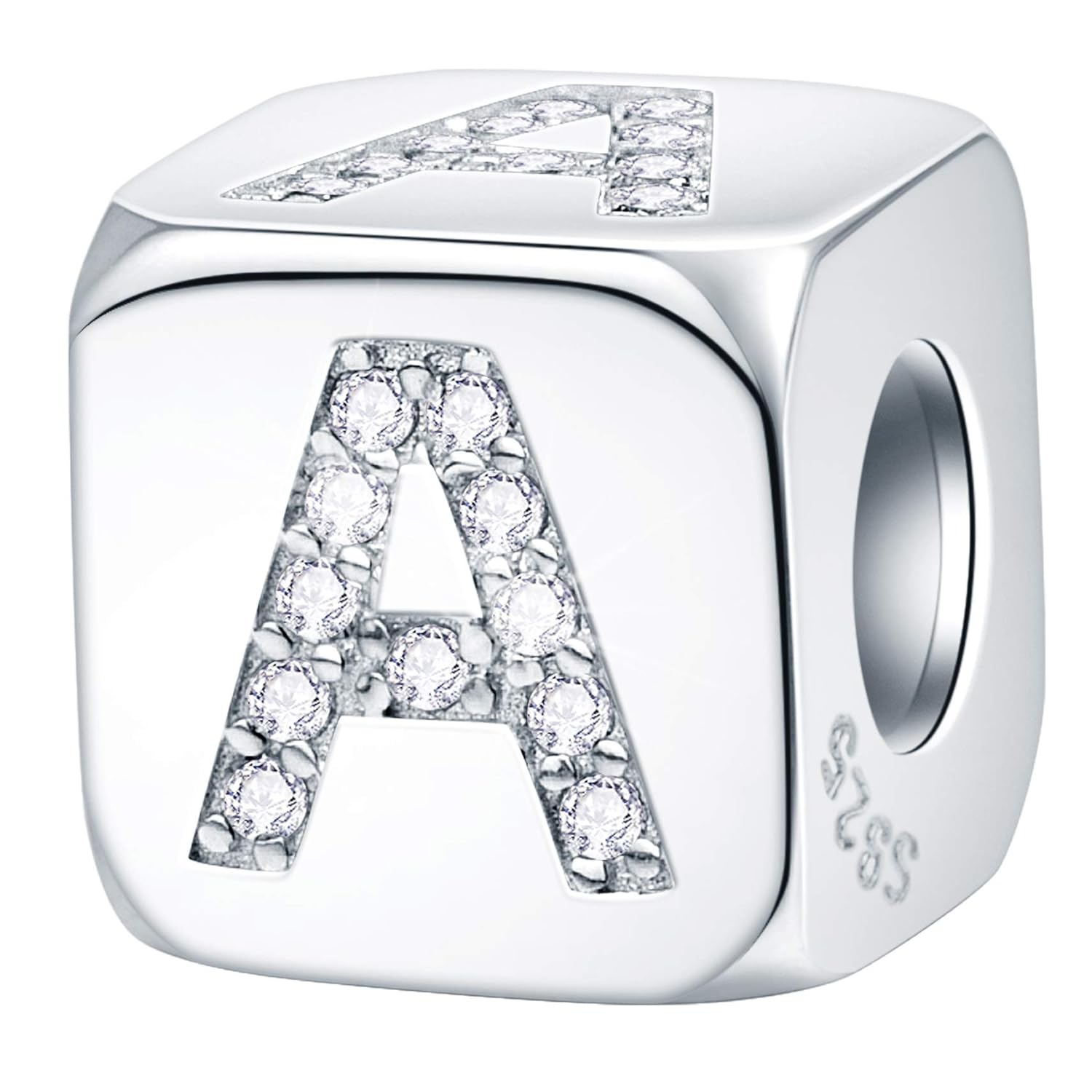 EMOSTAR Dice-Shaped 26 Block Letters Charms Initial A-Z Alphabet Beads 925 Sterling Silver Square Cube Charms with CZ