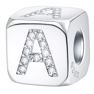 EMOSTAR Dice-Shaped 26 Block Letters Charms Initial A-Z Alphabet Beads 925 Sterling Silver Square Cube Charms with CZ