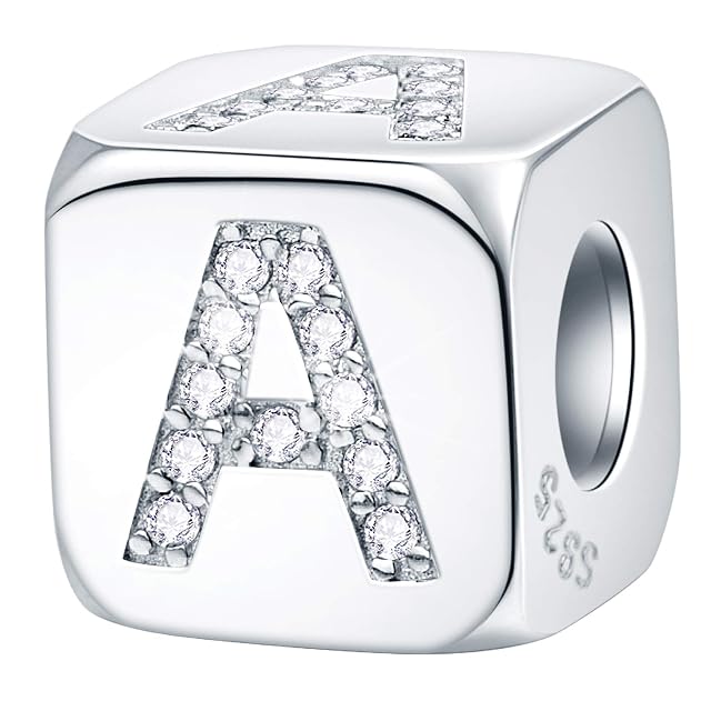 EMOSTAR Dice-Shaped 26 Block Letters Charms Initial A-Z Alphabet Beads 925 Sterling Silver Square Cube Charms with CZ