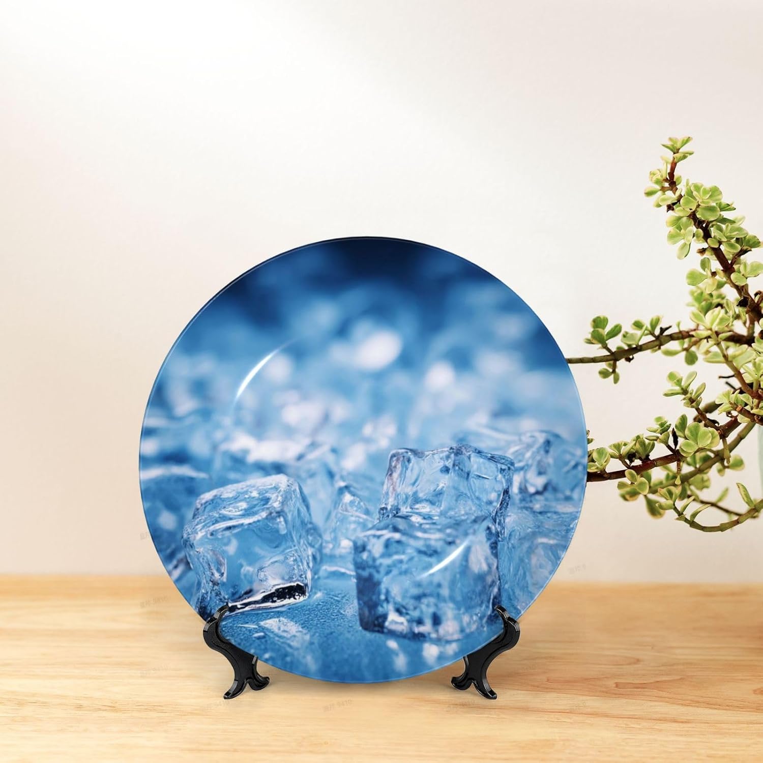Decorative Plate 10in Bone China Dessert Plates with Display Stand Ceramic Ornament Ceramic Blue ice cube background Decorative Plates Art Crafts Porcelain Plate for Home Club Living Room