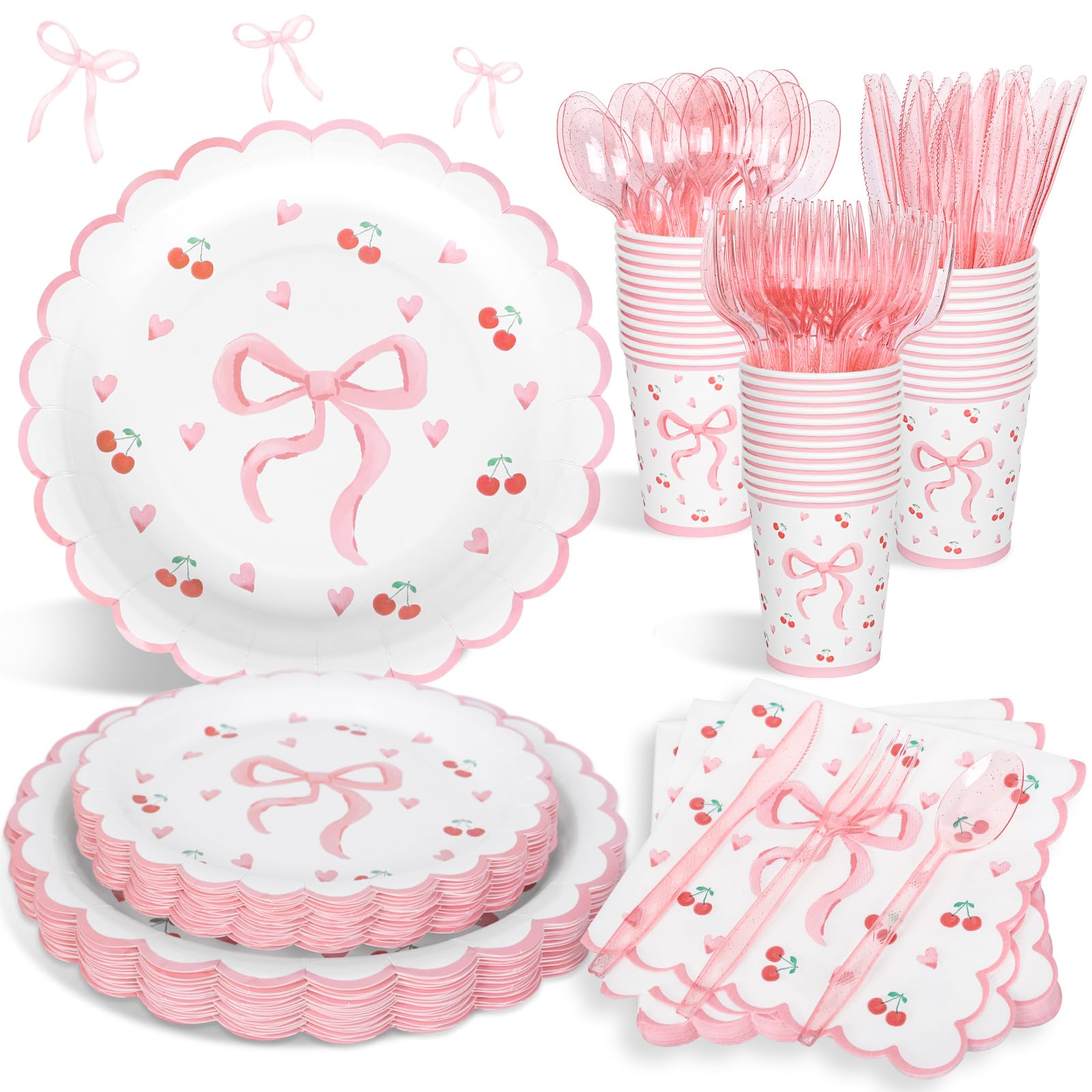 FYSUIMU 175Pcs Pink Bow Party Supplies Kit Mother's Day Coquette Bowknot Cherry Paper Plates Napkins Disposable Cup Plastic Knives Forks Spoons for