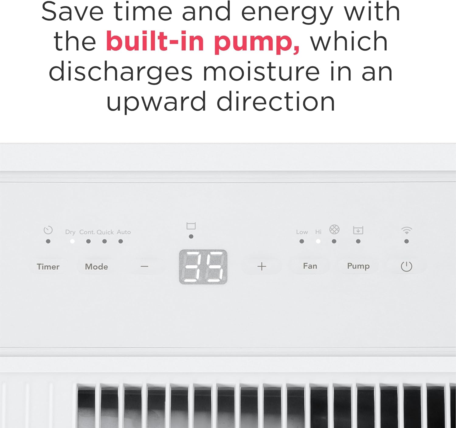 Close-up of the dehumidifier's control panel and the rear showing the built-in pump outlet.